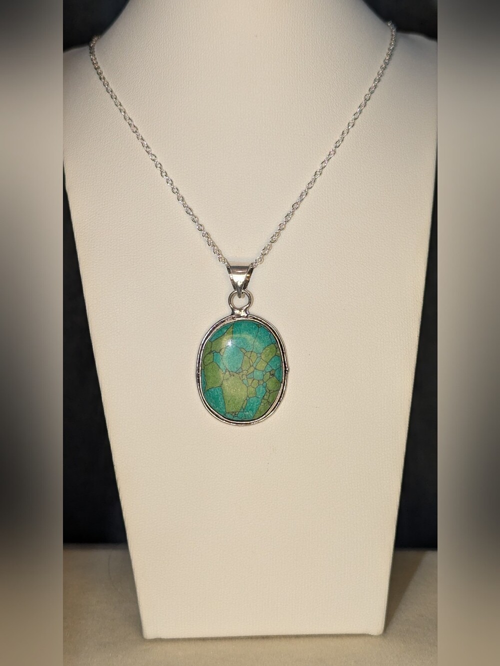 Handmade 925 Sterling Silver Mosaic Turquoise Pendant • Oval Cabochon P060326-7